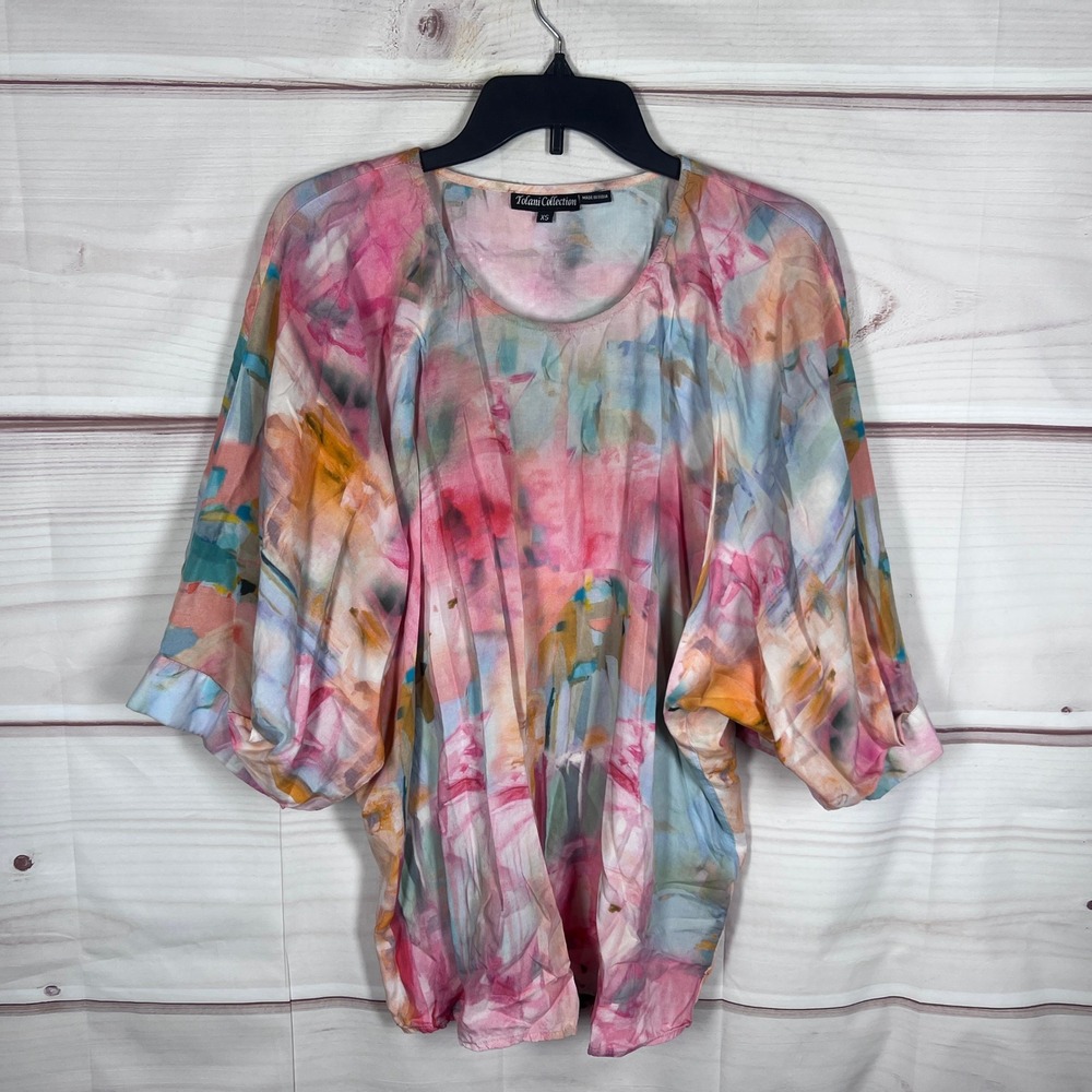 Tolani Collection Blouse Women XS Multicolor Abstract Art Modal Kimono Sleeve